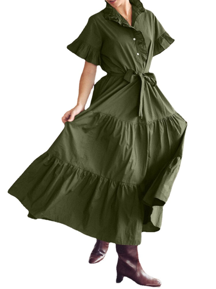 Casual Solid Color Lapel Collar Button Belted Pleated Ruffles Maxi Dress