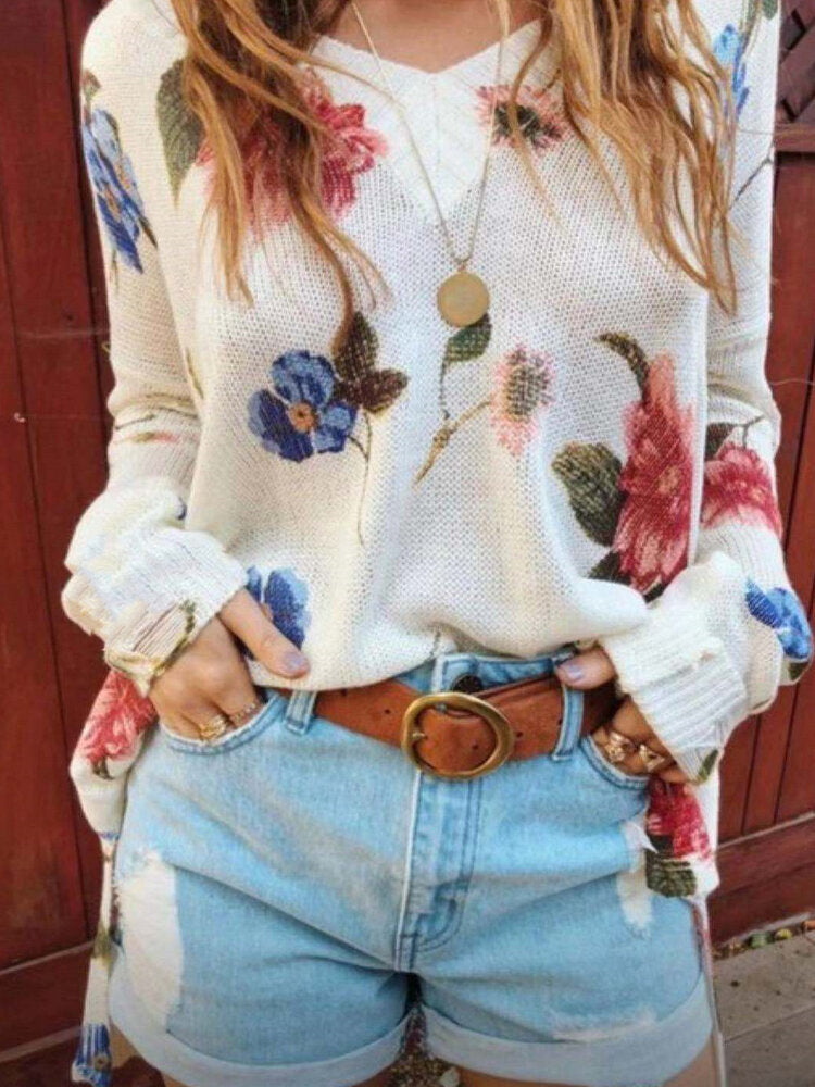 Women Floral Print V-Neck Knitted Casual Long Sleeve Sweaters