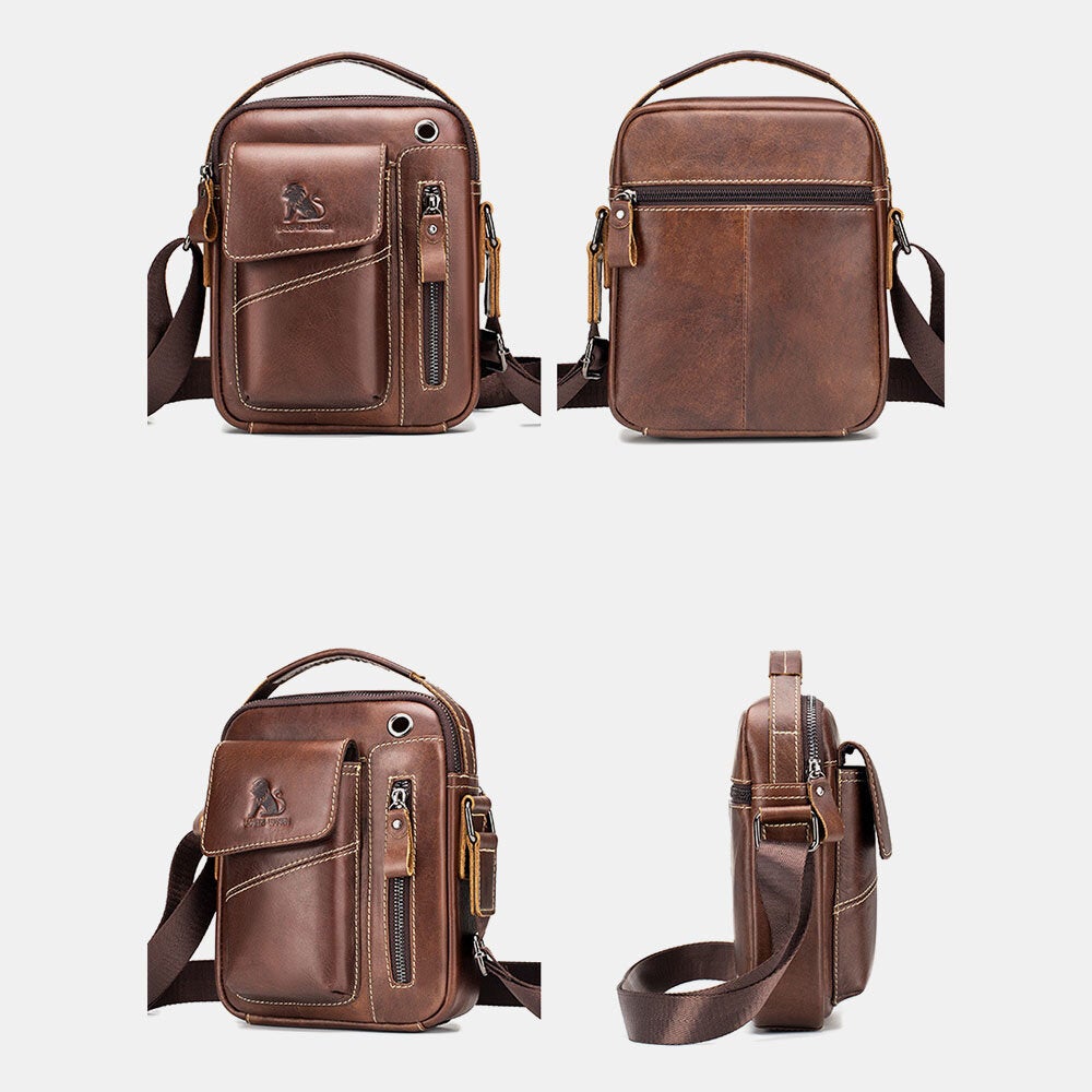 Men Genuine Leather Wear-resistant Headphone Hole Multi-pocket Vintage Crossbody Bag Shoulder