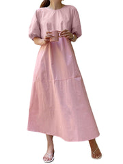 Solid Color O-neck Puff Sleeve Plain Casual Side Pocket Holiday Maxi Dress