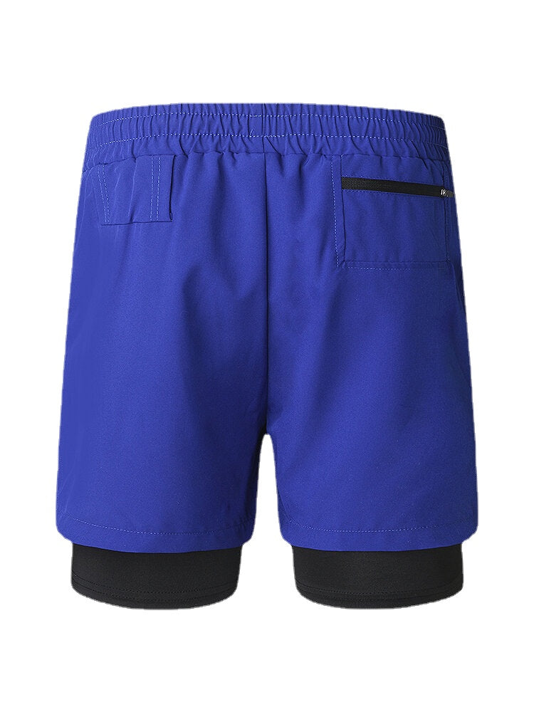 Men Solid Color Quick Dry Sports Running Casual Stretch Double Layered Board Shorts