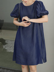 Solid Casual Crew Neck Puff Sleeve Pleated Plain A-line Midi Dress