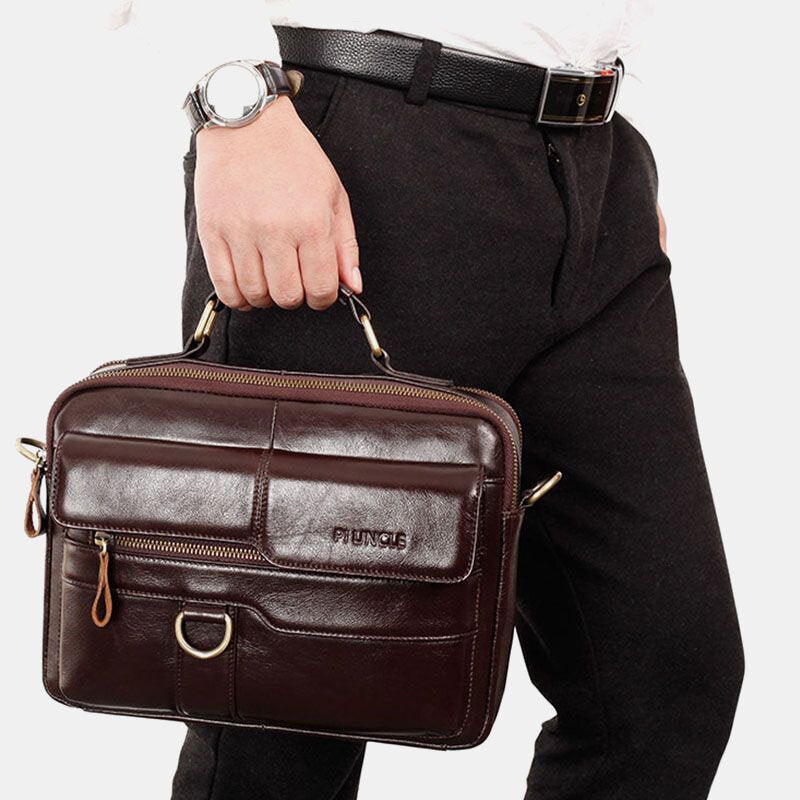 Men Genuine Leather Multi-pocket Crossbody Bags Large Capacity Retro 6.5 Inch Phone Bag Briefcase Shoulder Handbag