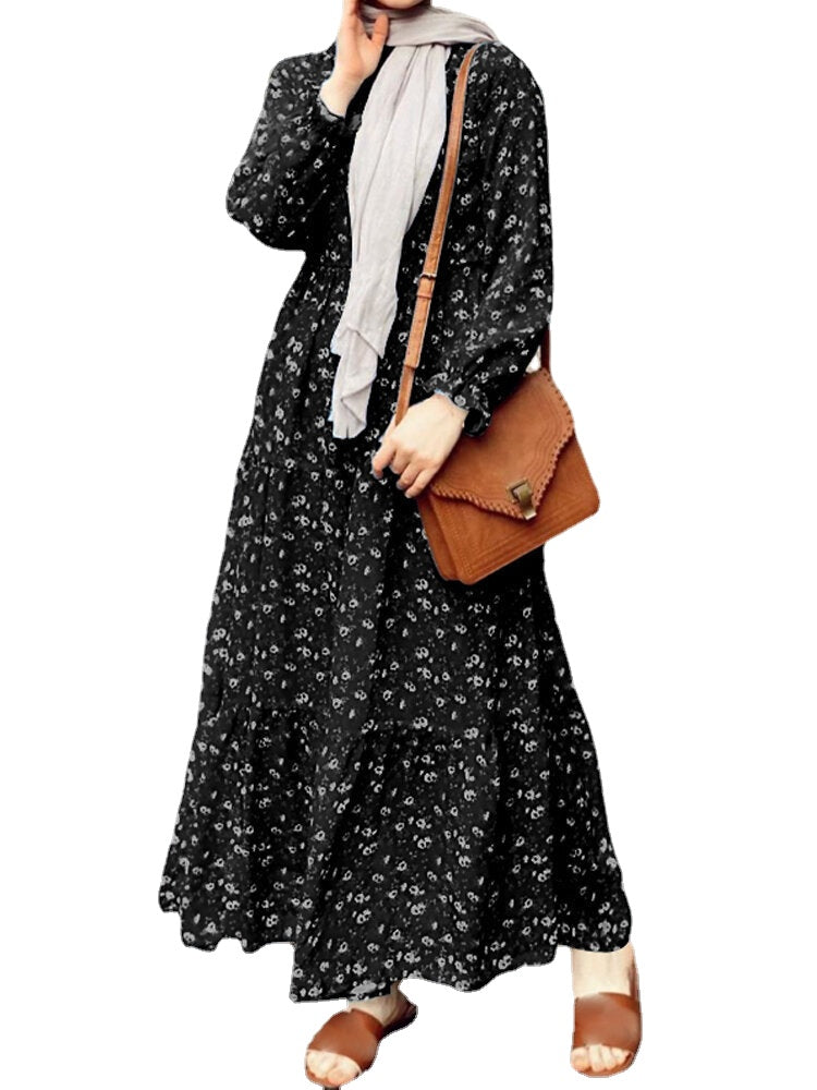 Women Allover Floral Print Puff Sleeve Ruffled Hem Casual Holiday Layered Dress