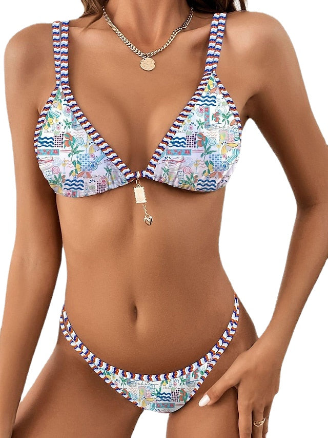 Women's Swimwear Bikini Normal Swimsuit 2 Piece Printing Floral White Blue Purple Bathing Suits Sports Summer