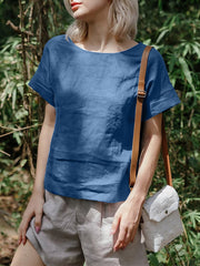 Cotton Solid Round Neck Short Sleeve Casual Blouse