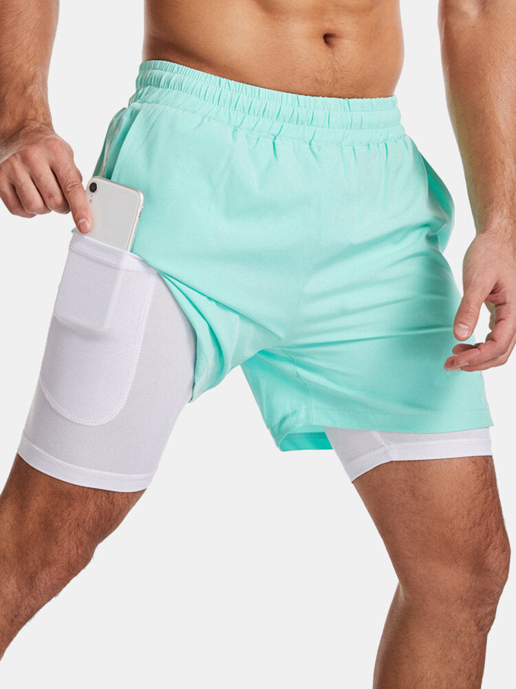 Men Solid Color Quick Dry Sports Running Casual Stretch Double Layered Board Shorts