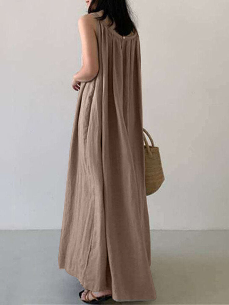 Solid Color Sleeveless Loose Cotton Maxi Dress