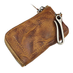 Men Vegetable Tanned Leather Metal Label Keychain Wallet Washed Retro Zipper Card Holder With Hook