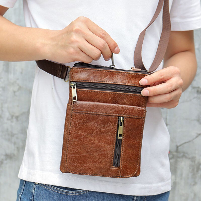 Men Genuine Leather Multi-pocket Casual Business 6.3Inch Phone Bag Crossbody Bags First Layer Cowhide Shoulder