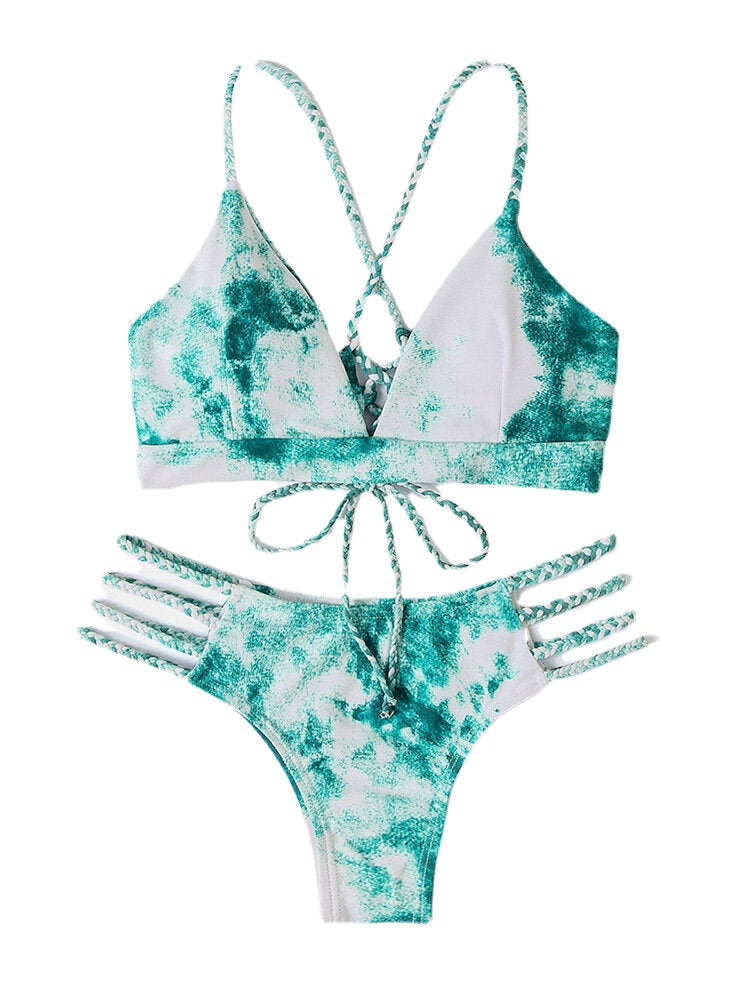 Women Tie Dye Criss-Cross Back Bandage Backless High Fork Bikini