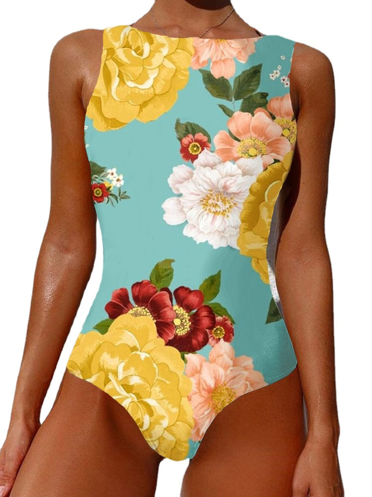 Floral Abstract Print Backless Slimming Swimsuit