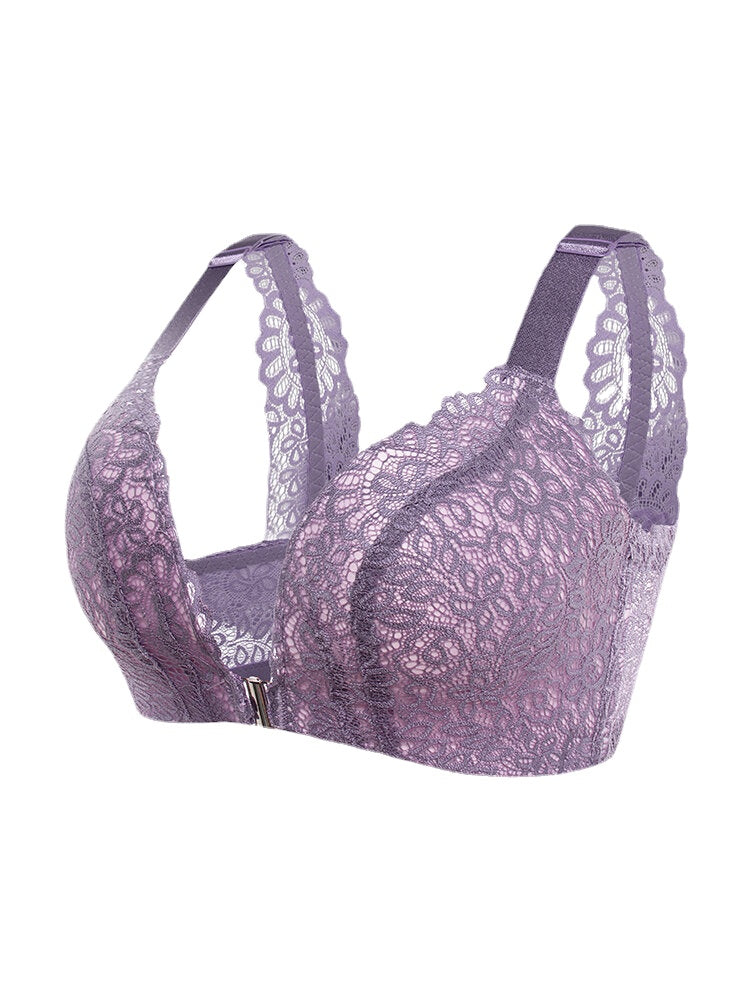 Women Front Closure Beauty Back Lace Wireless Breathable Lightly Lined Bra