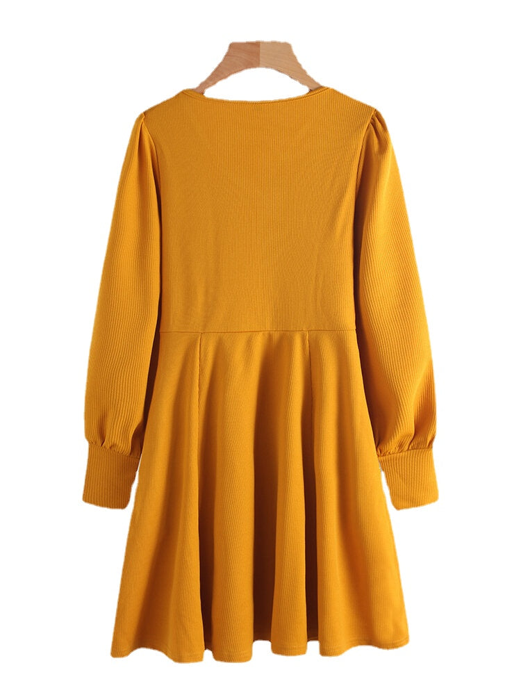 Causal Solid V-neck Long Sleeve Dress For Women