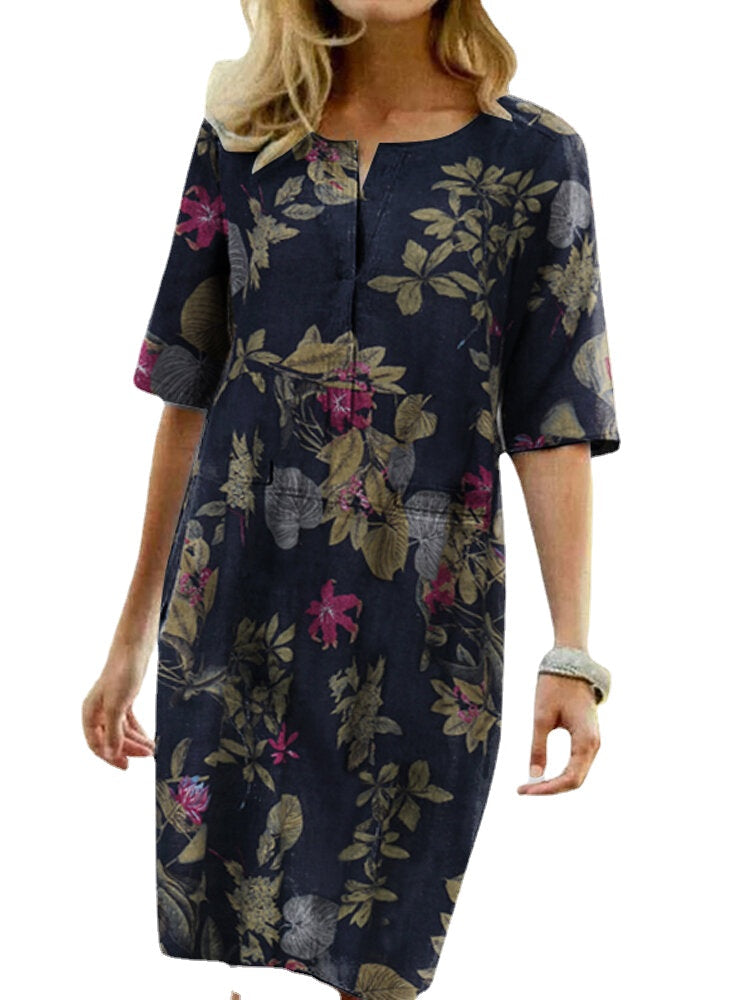 Women Vintage Cotton Floral Plant Print O-neck Half Sleeve Split Casual Dress