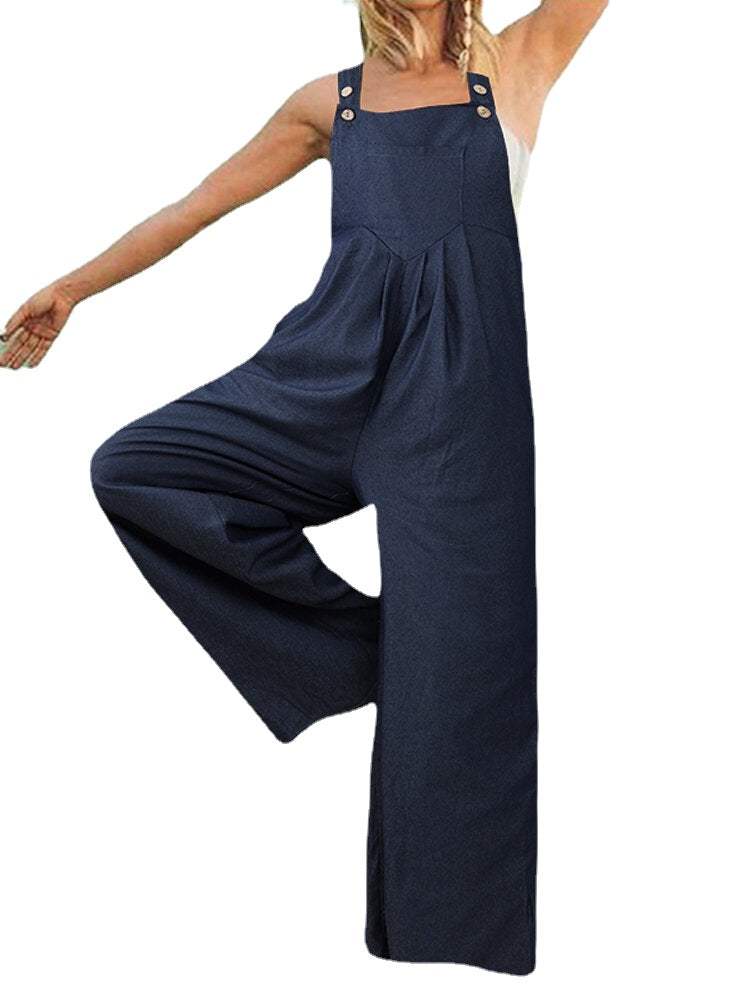 Women Solid Color Casual Loose Demin Wide Leg Jumpsuit with Pockets