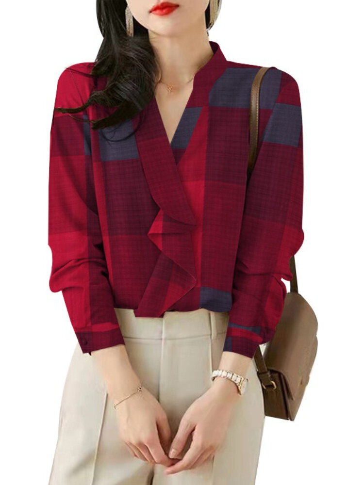 Plaid Print Long Sleeve Stand Collar Blouse For Women