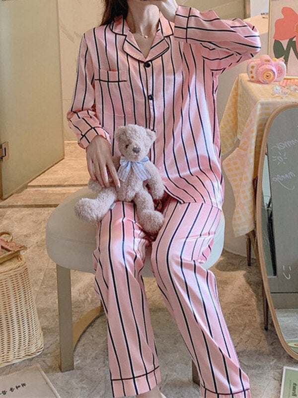 Women Pink Stripe Print Camp Collar Long Sleeve Home Casual Faux Silk Pajama Sets