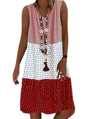 Women's Sleeveless Polka Dot Print Stripe Crew Neck Casual Weekend Dress