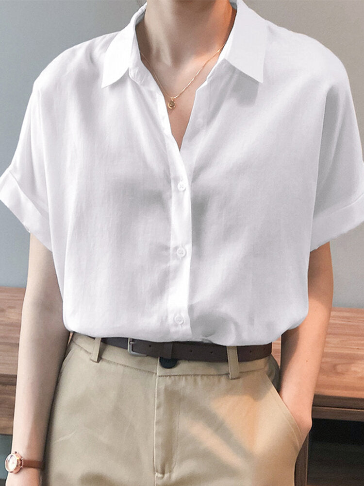 Solid Button Lapel Roll Sleeve Short Sleeve Casual Shirt