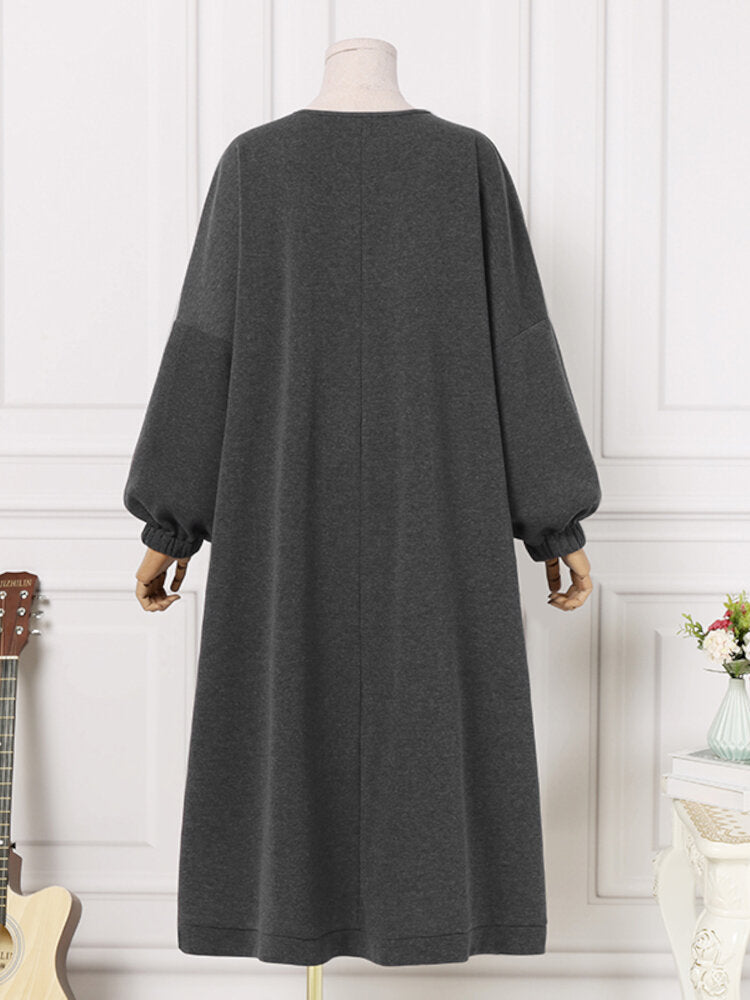 Women Sweatshirt Calf Length Side Fork Loose Solid Midi Dresses