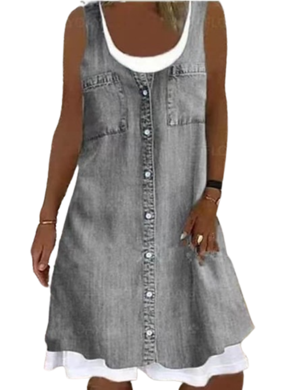 Women's Sleeveless Print Button Round Neck Casual Denim Color Dress