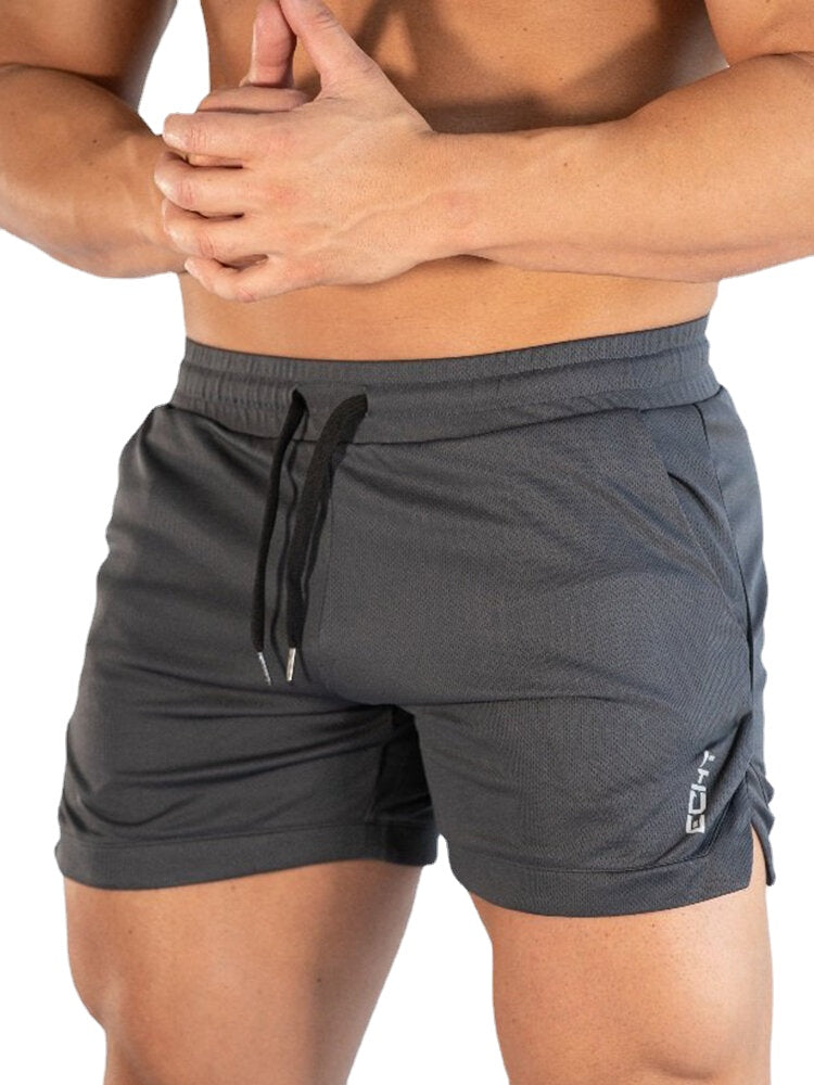 Men Solid Color Quick Dry Sport Loose Thin Stretch Beach Drawstring Waist Shorts