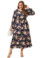 Plus Size Round Neck Floral Print Long Sleeves Dress
