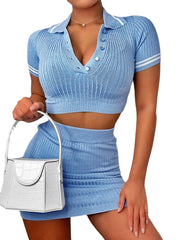 Women Solid V-neck Short Sleeve Knit Tops Mini Short Skirts Two Piece Set