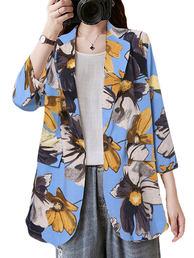 Women Full Sleeve Lapel Floral Bohemian Leisure Retro Thin Suit