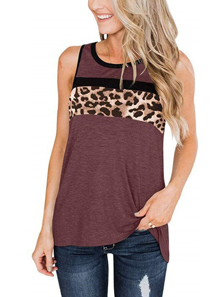 Women Sleeveless Leopard Print O-neck Casual Tank Tops