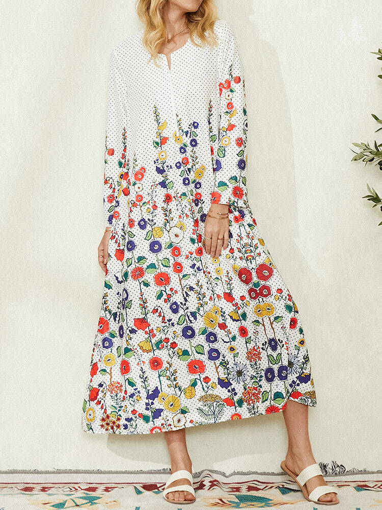 Women Flower Polka Dot Print Long Sleeve Casual Maxi Dress