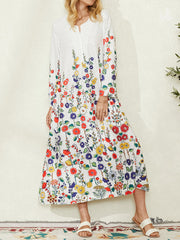 Women Flower Polka Dot Print Long Sleeve Casual Maxi Dress