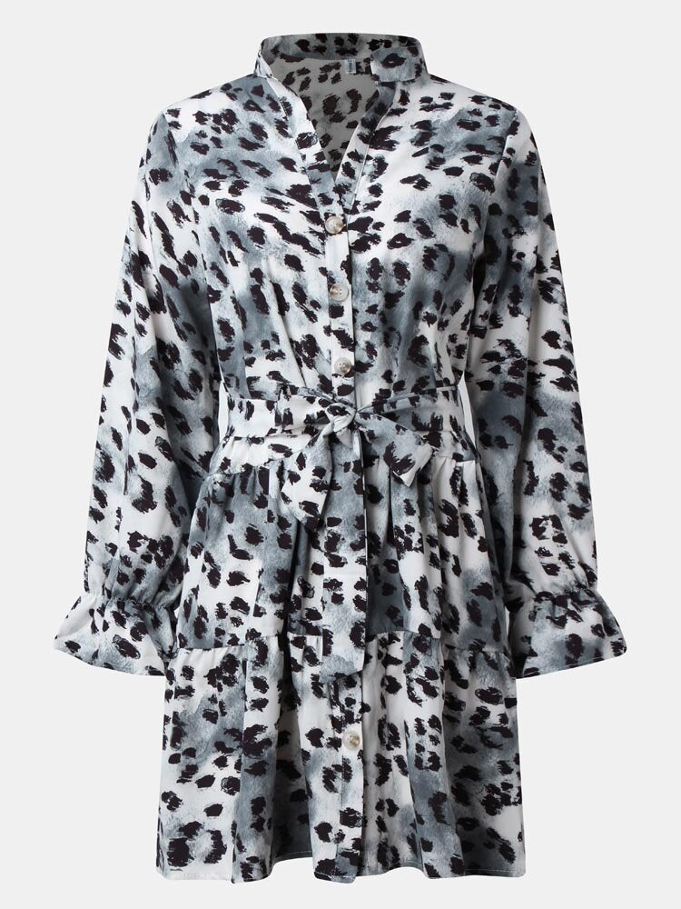 Leopard Print Stand Collar Long Sleeve Button Knotted Dress