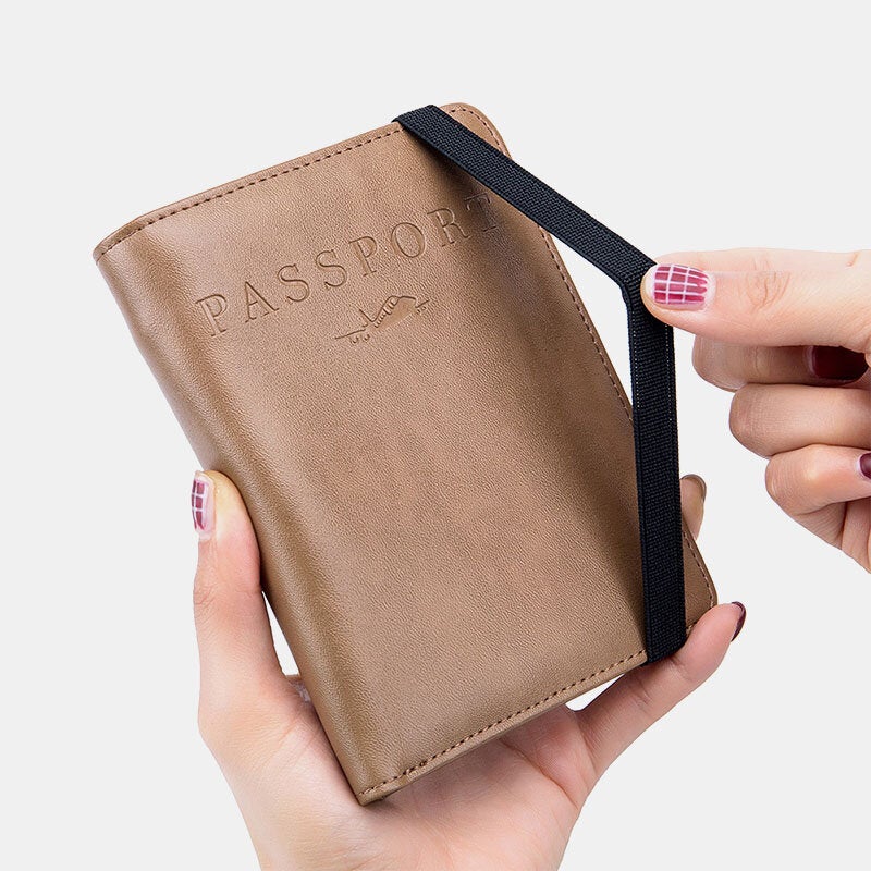 Unisex Genuine Leather RFID Multifunction Multi-card Slot Passport Bag Wallet With Elastic Strap