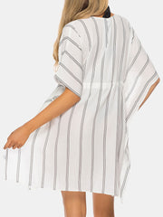 Plus Size Women Striped Front Tie Bat Sleeve Loose Sun Protection Cover Ups