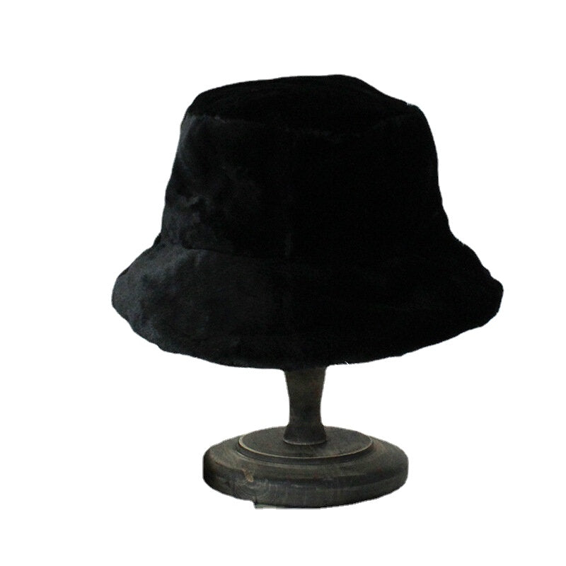 Women Thick Warm Winter Bucket Hat Solid Color Girls Flat Top Velvet Fedoras Ladies Plush Bob