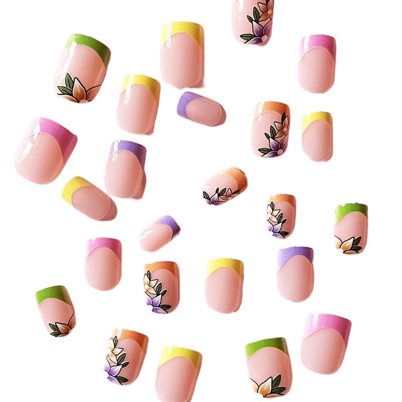 24pcs Chic French Tip Press-On Nails - Short Square, Glossy Flower Design for Spring/Summer
