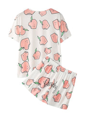 Women Cartoon Peach Print Short Sleeve Elastic Waist Home Casual Pajama Set