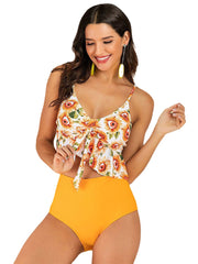 Women Floral Print Ruffles V-Neck Spaghetti Straps Hot High Waist Bikini