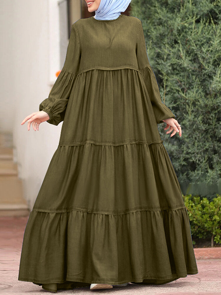 Women Layered Pleats Solid Color Puff Casual Long Sleeve Bohemian Maxi Dress