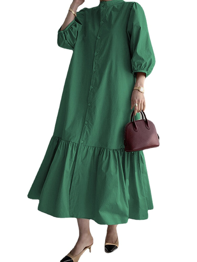 Women Solid Color Button Down Front 3/4 Sleeve Maxi Dresses