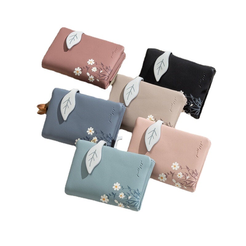 Women PU Leather Floral Printing Casual Mini Easy Carry Money Clip Card Holder Wallet