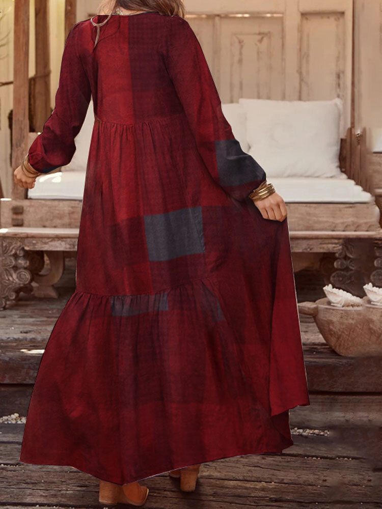 Women Plaid Print V-Neck Button Long Sleeve Vintage Maxi Dresses With Pocket