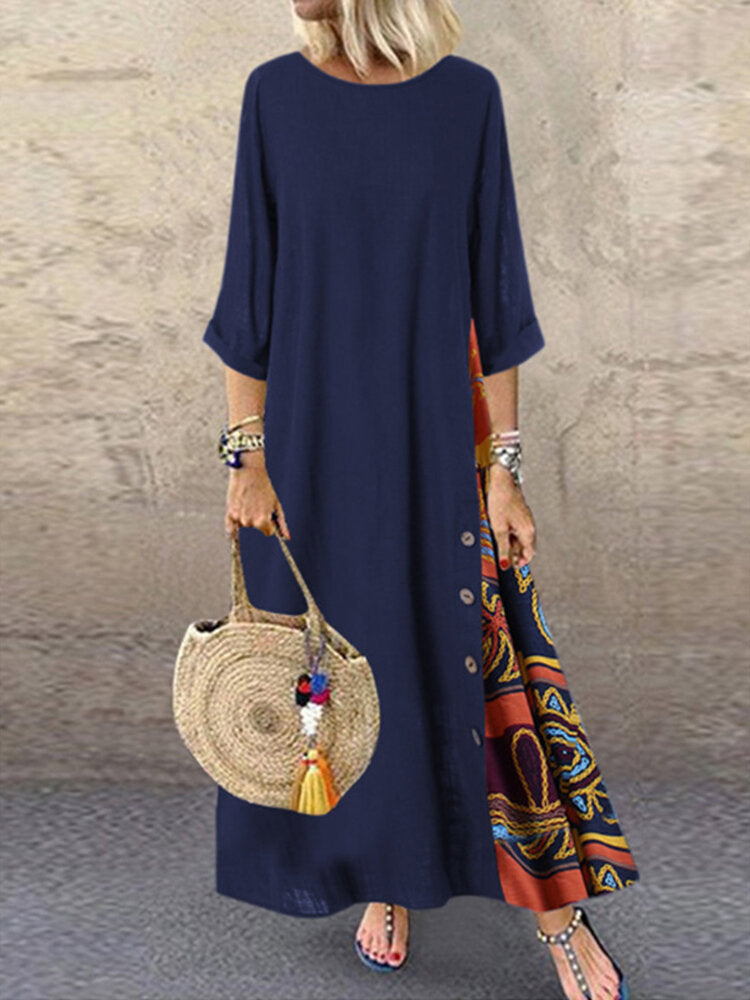 Ethnic Print Patchwork Buttons 3/4 Sleeve Vintage Maxi Dress