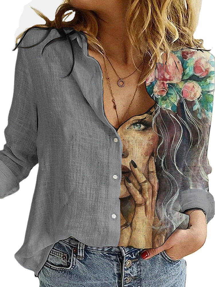 Women Figure Print Patchwork Lapel Long Sleeve Casual Shirts