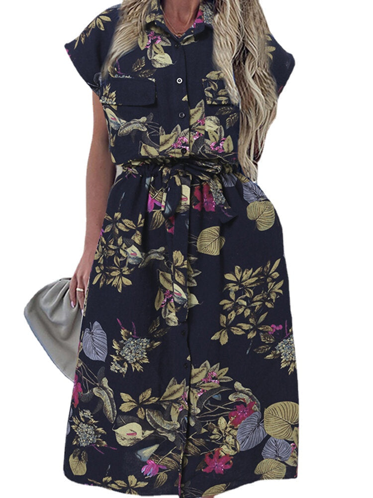 Women 100% Cotton Casual Plant Printed Dress With Side Pockets