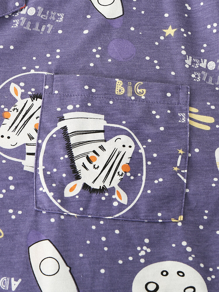 Women Cartoon Animal & Space Print Cotton Pocket Long Sleeve Elastic Waist Home Pajama Set