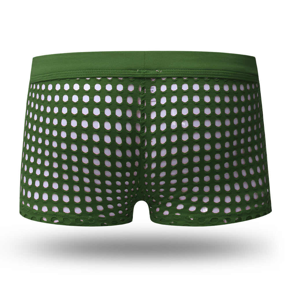 Mens Mesh Holes Transparent Solid Color Boxers Underwear