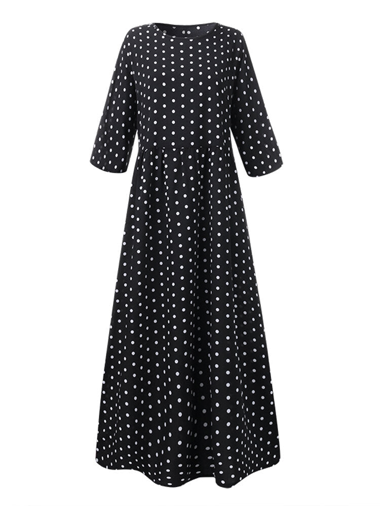 Women Loose O-neck Polka Dot 3/4 Sleeve Maxi Dress